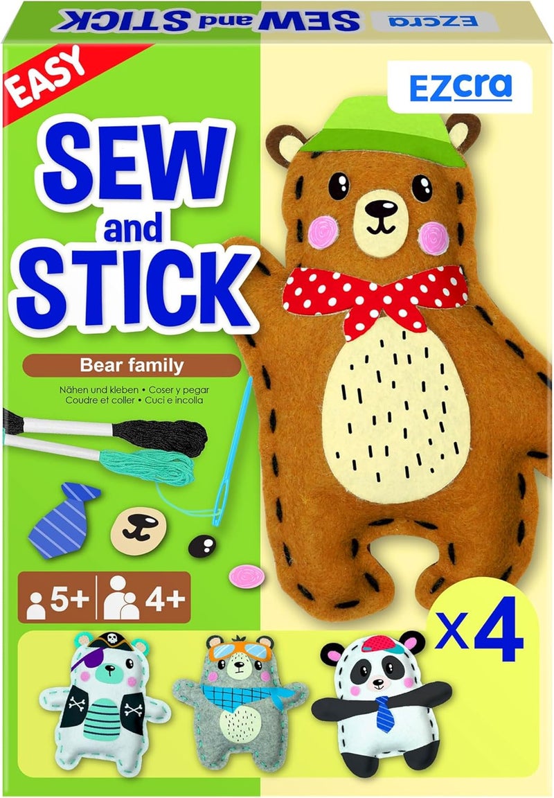 EZCRA Bear & Animal Sewing Kit for Kids Ages 4-8, No-Mess Felt Craft Projects, 4 Easy Beginner Learn-to-Sew Arts & Crafts for Boys and Girls - Image 1